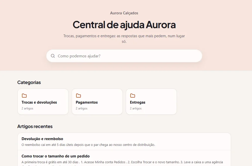 A central de ajuda pública de uma loja, com busca, categorias e artigos recentes